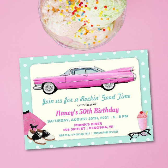 ANY AGE - 1950's Retro Rosa Cadillac Birthday Inbjudningar (Skapare uppladdad)