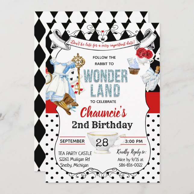 ANY AGE - Alice i Wonderland Birthday Inbjudningar (Fram/baksida)