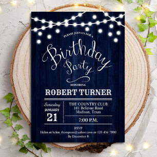 Any Age Birthday Party - Rustic Navy Wood Inbjudningar