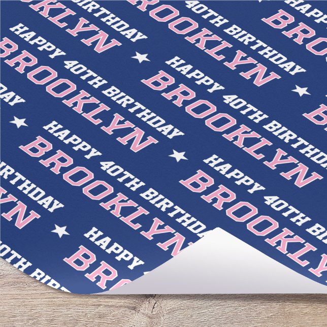 Any Age Happy Birthday Retro Custom Navy Pink Presentpapper (Skapare uppladdad)