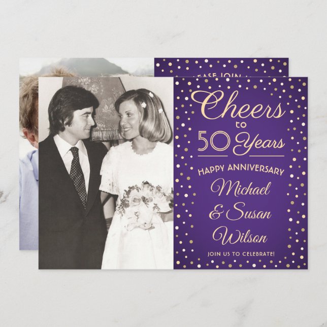 ANY-årsdag 2 Fotochers Lila & Guld Party Inbjudningar (Fram/baksida)