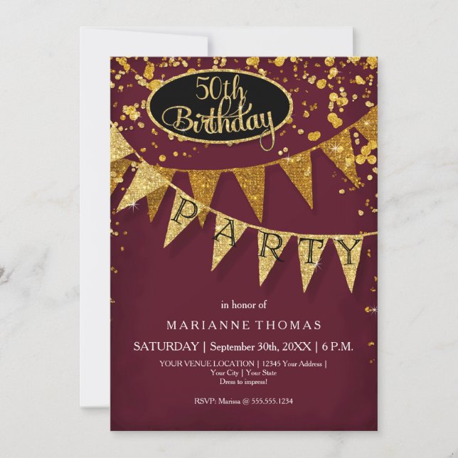Any Birthday Burgundy Gold Pennant Banner Confetti Inbjudningar (Framsida)
