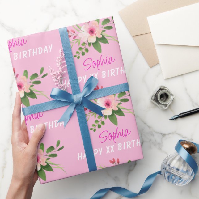 Any Birthday, Name, Pink Watercolor Flower Presentpapper (Gifting)