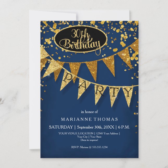 Any Birthday Navy Blue Pennant Banner Confetti Inbjudningar (Framsida)