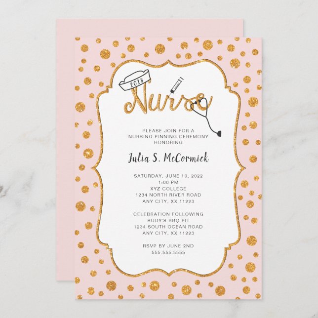ANY FÄRG Nurse studenten pinning + faux guld Inbjudningar (Fram/baksida)