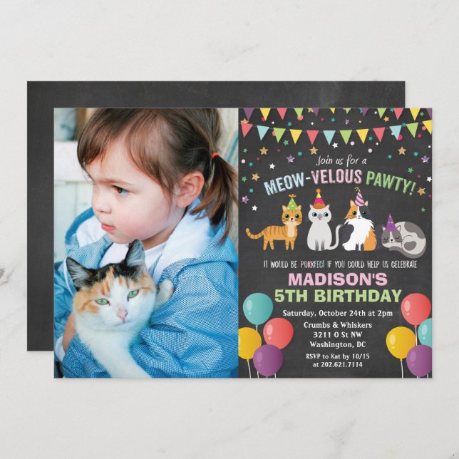 ANY PHOTO - Katt Kitten Birthday Chalk-inbjudan Inbjudningar (Fram/baksida)