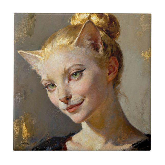 “Anya, Meticulously Content” – En feminin katt  Kakelplatta (Framsidan)