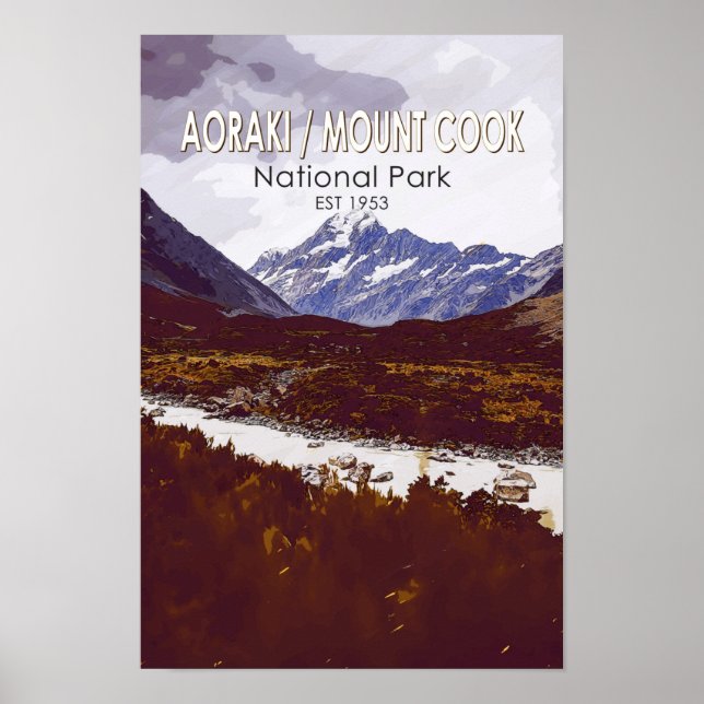 Aoraki Mount Cook nationalpark New Zealand Retro Poster (Framsidan)