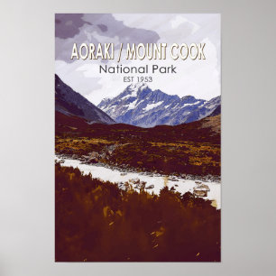 Aoraki Mount Cook nationalpark Nya Zeeland Retro Poster