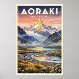 Aoraki Mount Cook Nya Zeeland Vintage Resa Poster