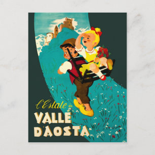 Aostadalen, pojke och flicka vandrar i bergen vykort