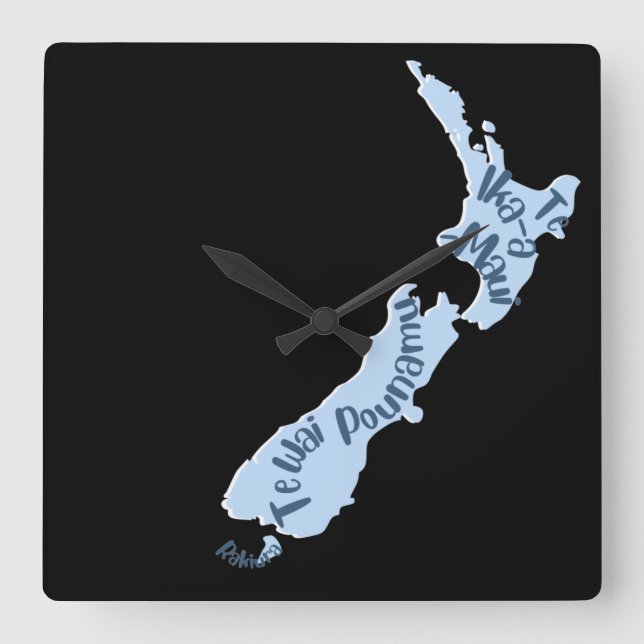 Aotearoa NZ Karta, öarna på Māori-språket Fyrkantig Klocka (Framsida)