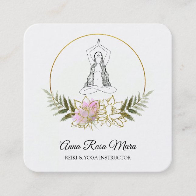 *~* AP32 Guld Rosa Lotus Yoga Woman Energy Fyrkantigt Visitkort (Framsida)