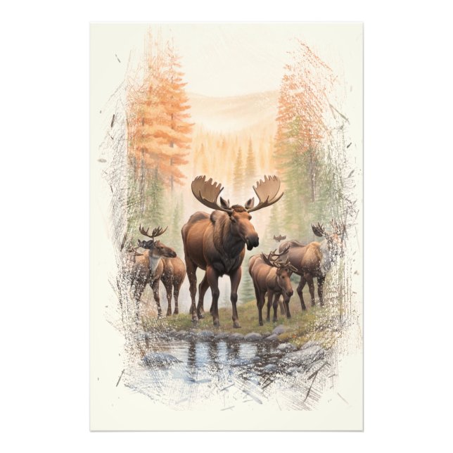 *~* AP49 MOOSE HERD Forest STREAM Artsy Fototryck (Framsidan)