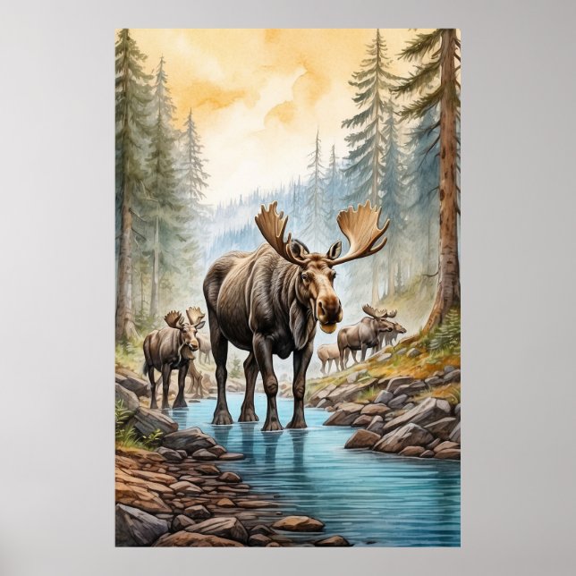 *~* AP49 MOOSE Herd Stream Nature Forest Poster (Framsidan)
