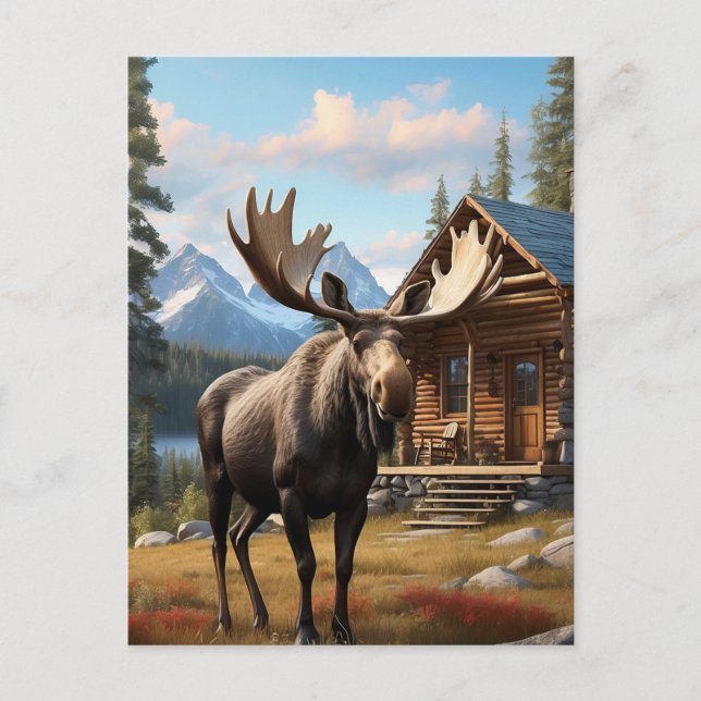 *~* AP49 MOOSE Stream Nature Cabin Forest Vykort (Framsida)