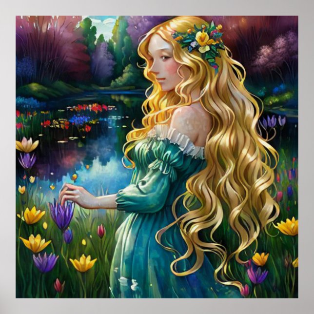 *~ AP56 Art Blonde Woman Waterfall Pond Flowers Poster (Framsidan)