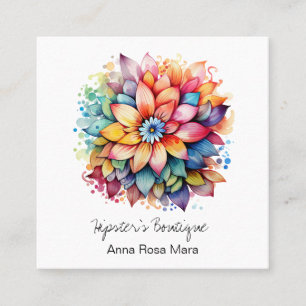 *~* AP57 Boho QR Fold Retro 60's Flower Bouquet Fyrkantigt Visitkort