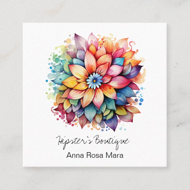 *~* AP57 Boho QR Fold Retro 60's Flower Bouquet Fyrkantigt Visitkort (Framsida)