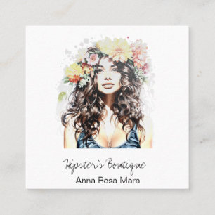 *~* AP57 Boho QR-Vild för Blommigt Hippie Woman Fyrkantigt Visitkort