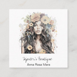 *~* AP57 Orange Boho QR Flowers Hair Hippie Girl Fyrkantigt Visitkort