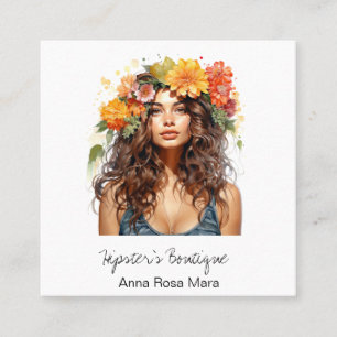 *~* AP57 QR Orange Boho Flowers Hair Hippie Dam Fyrkantigt Visitkort