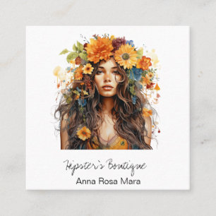 *~* AP57 QR Orange Boho Flowers Hair Hippie Girl Fyrkantigt Visitkort