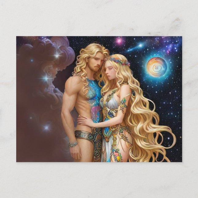 *~* AP58 Cosmic Couple Fantasy Romantic Galaxy Helg Vykort (Framsida)