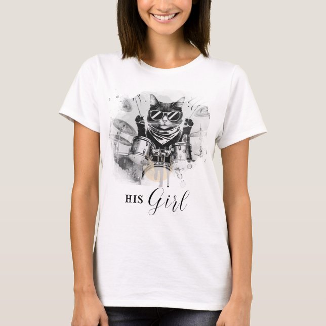 *~* AP91 Coola Cat DRUMMER Girl White T Shirt (Framsida)