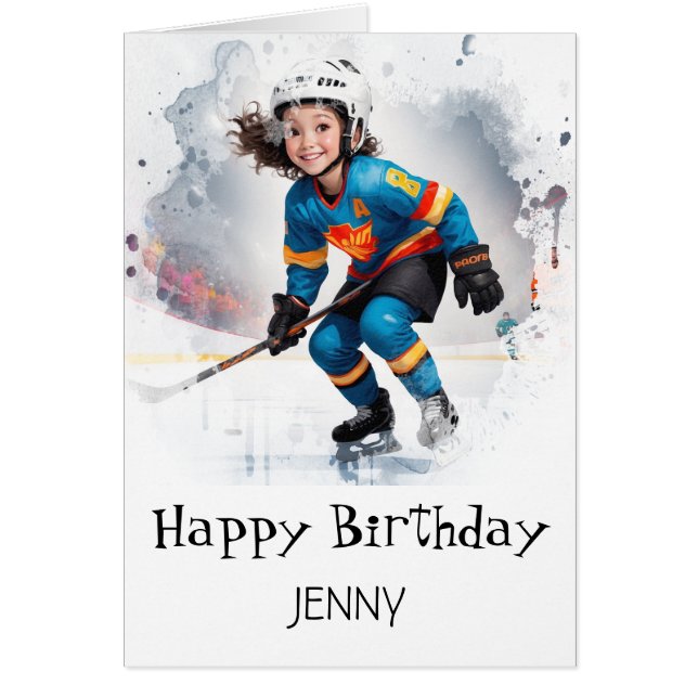 *~* AP94 Ice Hockey 9 Girl Player Cute Birthday Hälsningskort (Framsidan)