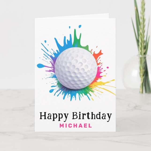 *~* AP94 Rainbow Stänk Golf Boll Birthday Card Tack Kort (Framsida)