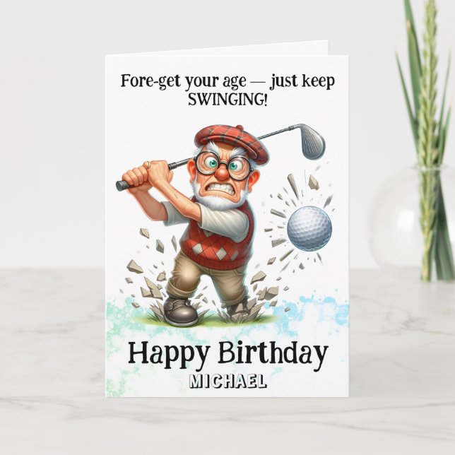 *~* AP94 Senior Man Golf Swinging Birthday Card Tack Kort (Framsida)