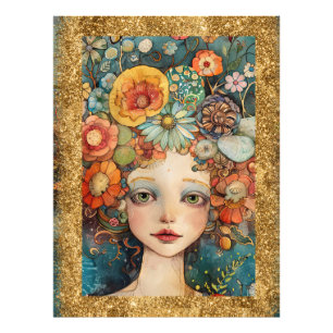 *~ AP95 Excentrisk kvinna blommor guld glitterkons Fototryck