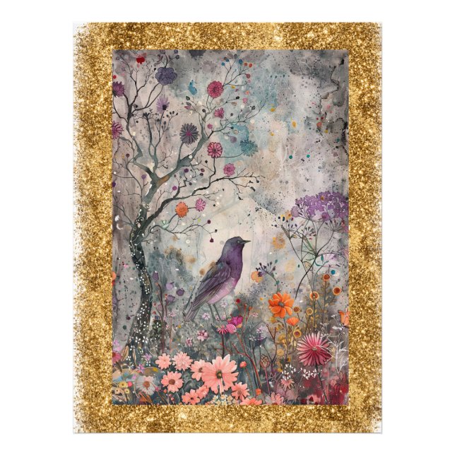 *~ AP95 Whimsical Blommig Konst Natur Guld Glitter Fototryck (Framsidan)