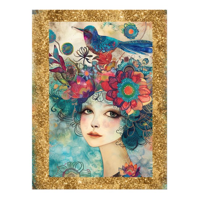 *~ AP95 Whimsical Woman Blommig  Guld Glitter kons Fototryck (Framsidan)