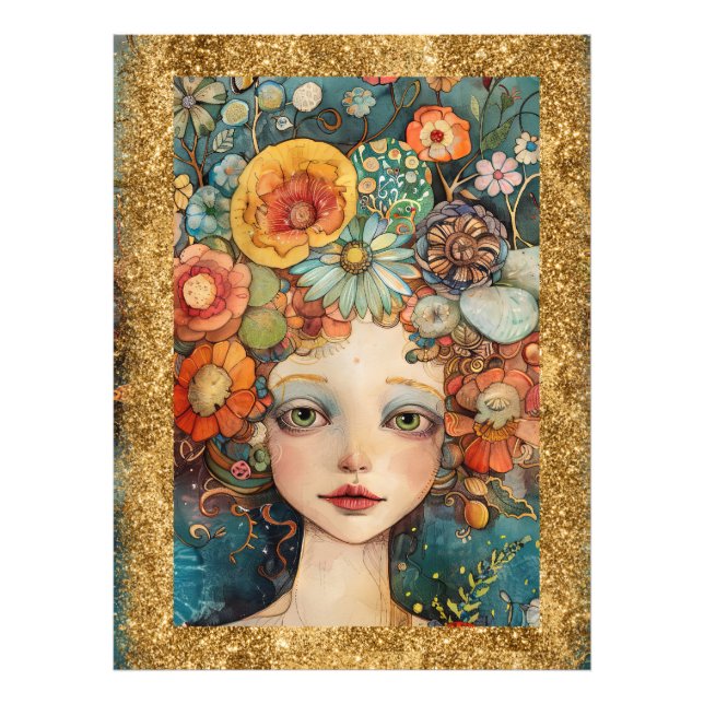 *~ AP95 Whimsical Woman Blommor Guld Glitter konst Fototryck (Framsidan)