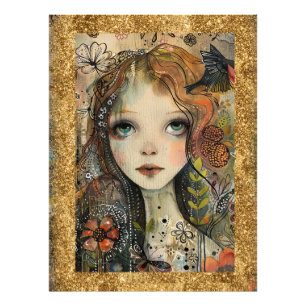 *~ AP95 Whimsical Woman Guld Glitter Blommig Fototryck