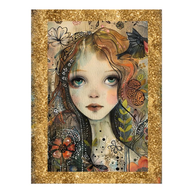 *~  AP95 Whimsical Woman Guld Glitter Blommig Fototryck (Framsidan)