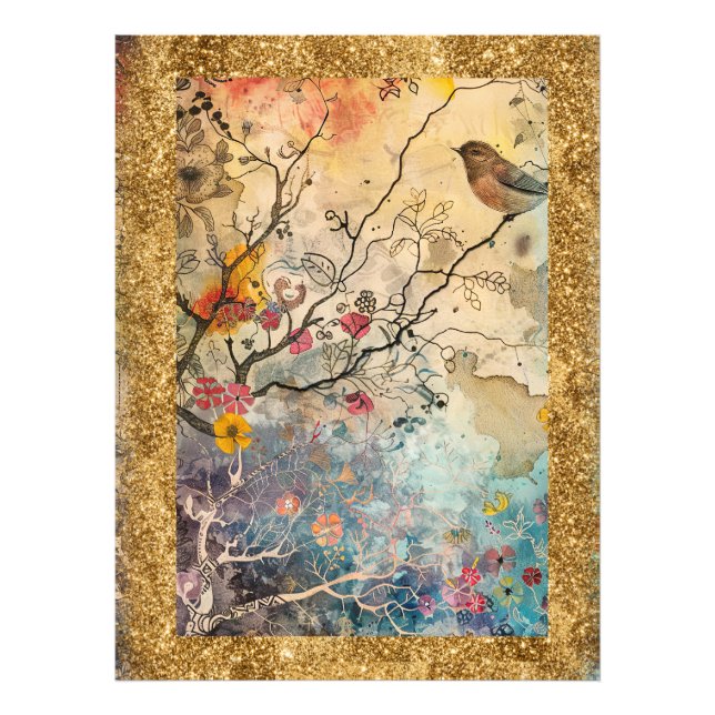 *~  AP95 Whimsisk blomkonst Natur FÅGEL Glitter Fototryck (Framsidan)
