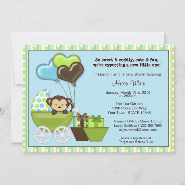 Apa Bjudan till baby shower BLUE GRÖN Inbjudningar (Framsida)