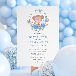 Apa Blå Blommig Pojke Bebis Shower Inbjudningar