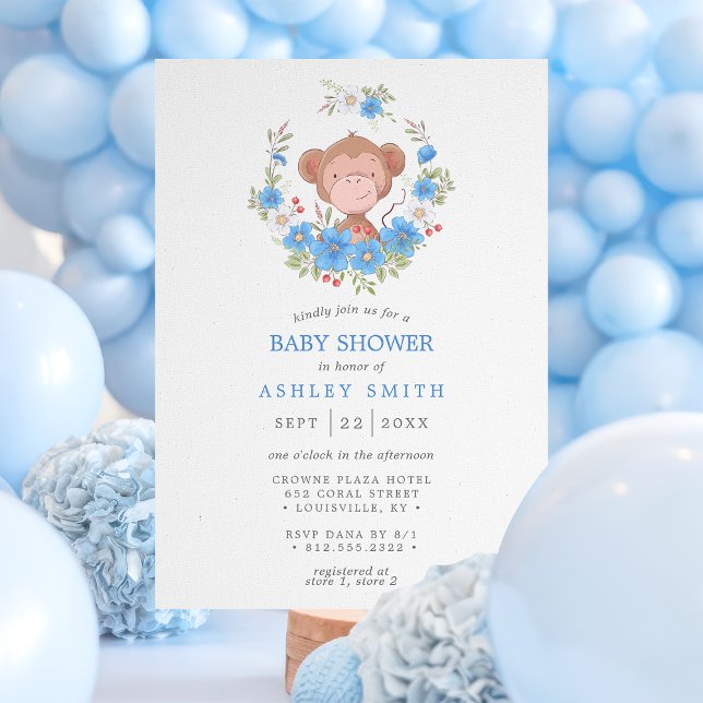 Apa Blå Blommig Pojke Bebis Shower Inbjudningar (Skapare uppladdad)
