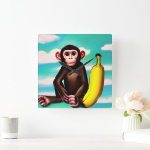 apa från baby med stor bananmålning fyrkantig klocka