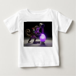 Apa krigare häller magisk lila damm på lysande t shirt