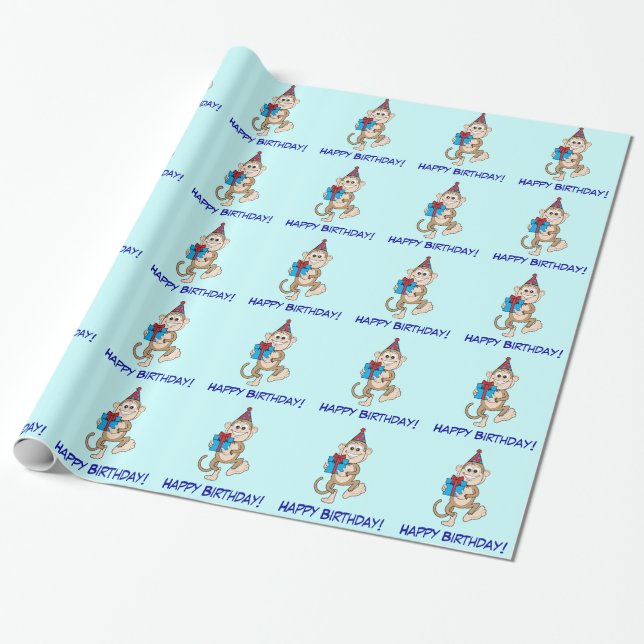 Apa med närvarande grattis på födelsedagen! presentpapper (Utrullad)