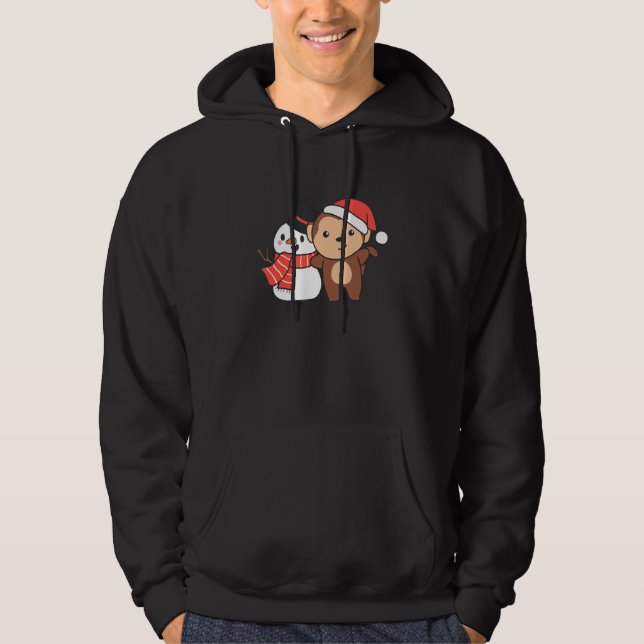 Apa med snöman på vintern för jul hoodie (Framsida)