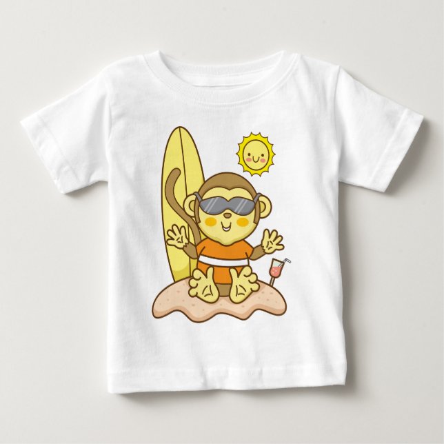 Apa med surfbräda baby  t shirt (Framsida)