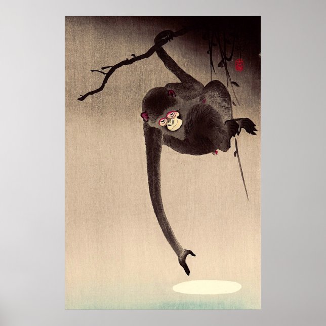Apa och måne Ohara Koson Tidigt 1900-tal Poster (Framsidan)