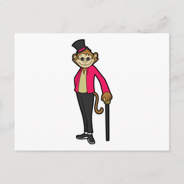 Apa som gentleman med hatt & promenadpinne vykort (Framsida)