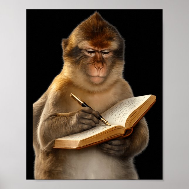 Apa som läser bok skriver journal bokälskare poster (Framsidan)